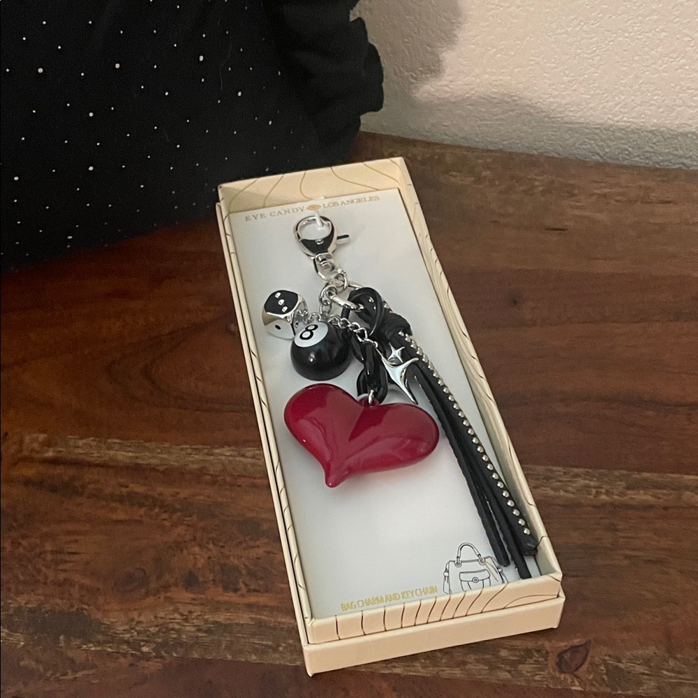 Viral Tik Tok Red Heart, Black Strap, 8 ball Bag Charm by Eye Candy Los Angeles - Picture 4 of 6